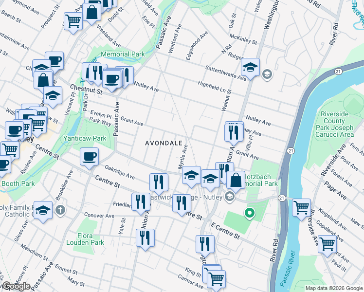 map of restaurants, bars, coffee shops, grocery stores, and more near 127 Myrtle Avenue in Nutley
