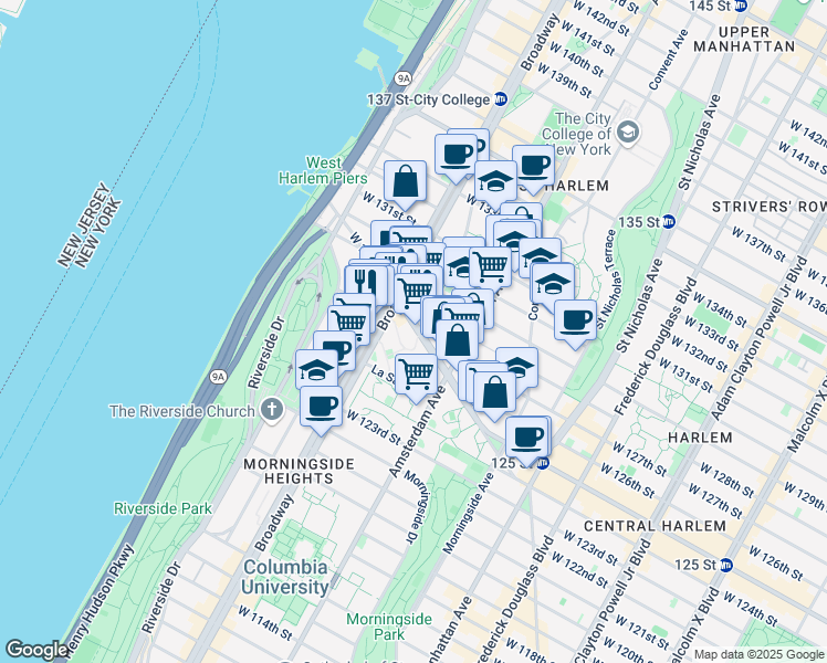map of restaurants, bars, coffee shops, grocery stores, and more near 550 West 125th Street in New York