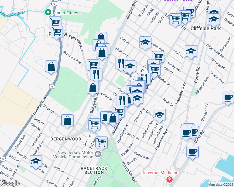 map of restaurants, bars, coffee shops, grocery stores, and more near 402 Kennedy Drive in Fairview