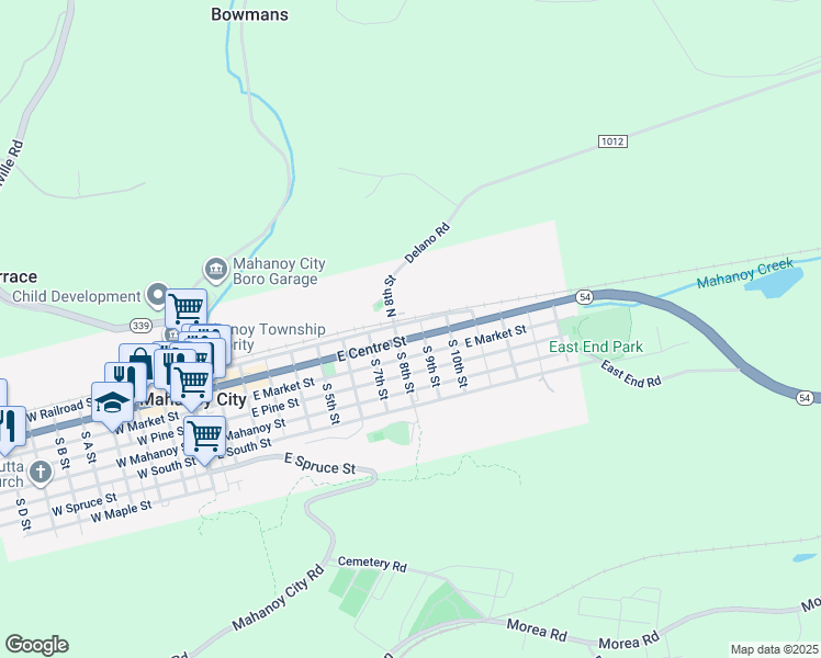 map of restaurants, bars, coffee shops, grocery stores, and more near 821 East Centre Street in Mahanoy City