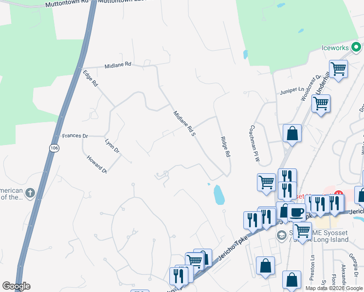 map of restaurants, bars, coffee shops, grocery stores, and more near 2003 Midlane Road South in Syosset