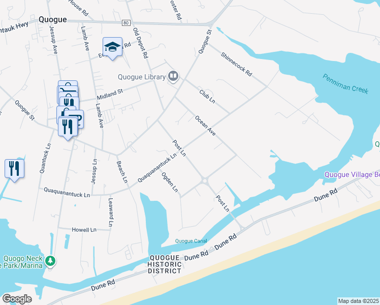 map of restaurants, bars, coffee shops, grocery stores, and more near 55 Quaquanantuck Lane in Quogue