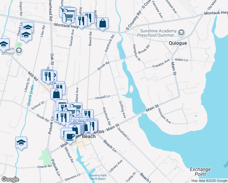 map of restaurants, bars, coffee shops, grocery stores, and more near 44 Griffing Avenue in Westhampton Beach