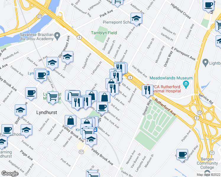 map of restaurants, bars, coffee shops, grocery stores, and more near 552 5th Avenue in Lyndhurst