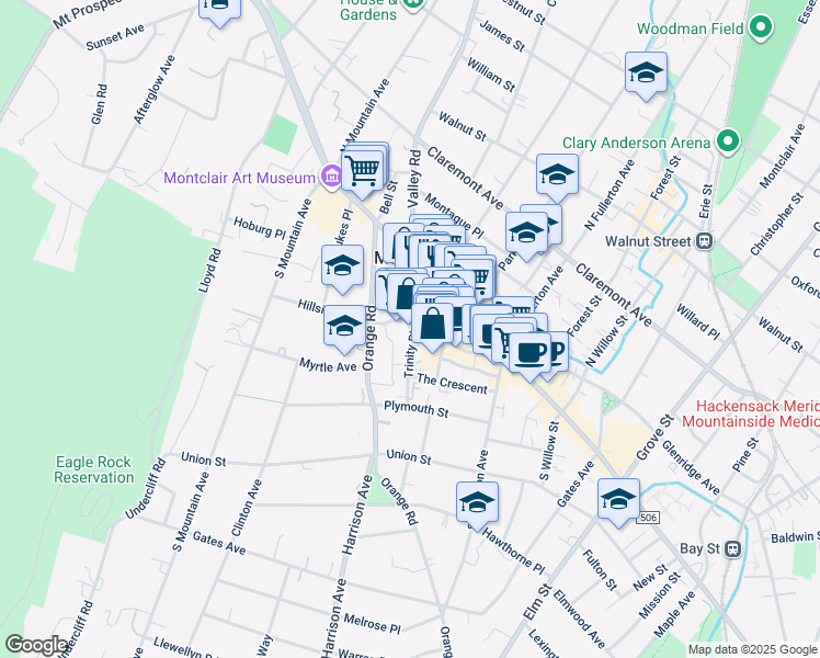 map of restaurants, bars, coffee shops, grocery stores, and more near 6 Valley Road in Montclair