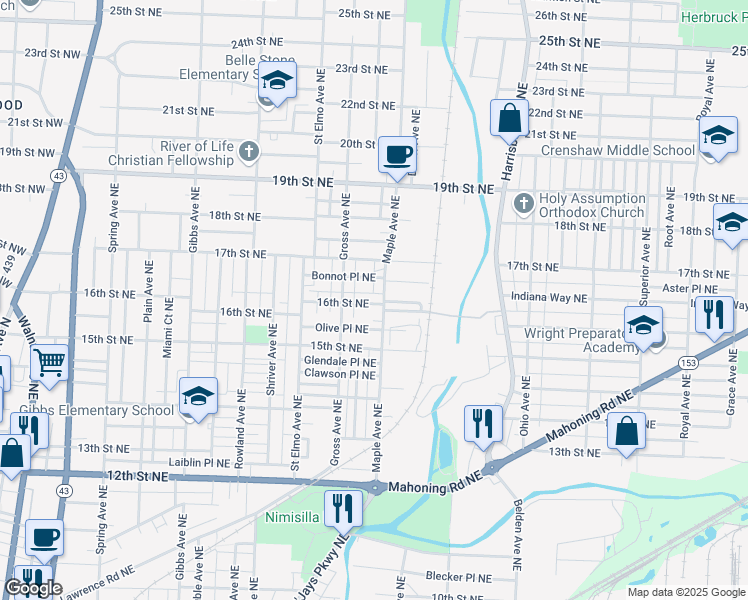 map of restaurants, bars, coffee shops, grocery stores, and more near 1635 16th Street Northeast in Canton