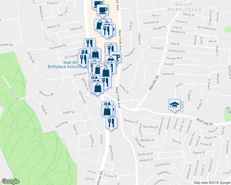 map of restaurants, bars, coffee shops, grocery stores, and more near 2387 New York Avenue in Huntington Station