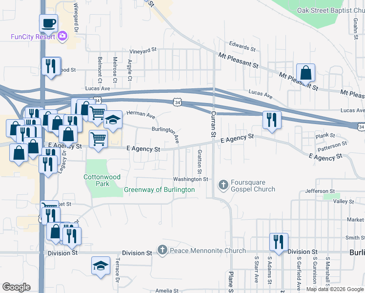 map of restaurants, bars, coffee shops, grocery stores, and more near 1112 Burlington Avenue in Burlington