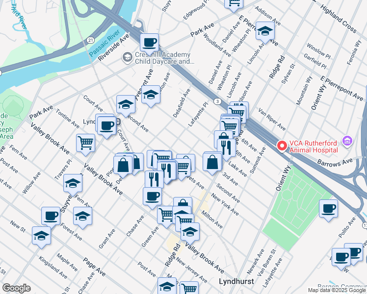 map of restaurants, bars, coffee shops, grocery stores, and more near 447 3rd Avenue in Lyndhurst