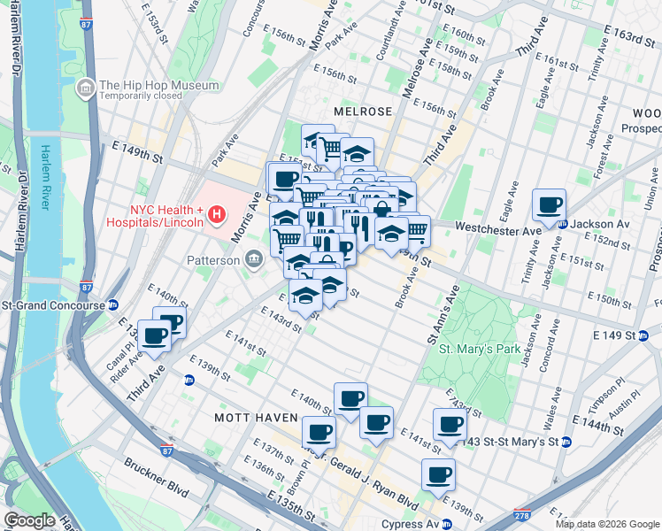 map of restaurants, bars, coffee shops, grocery stores, and more near 530 Willis Avenue in The Bronx