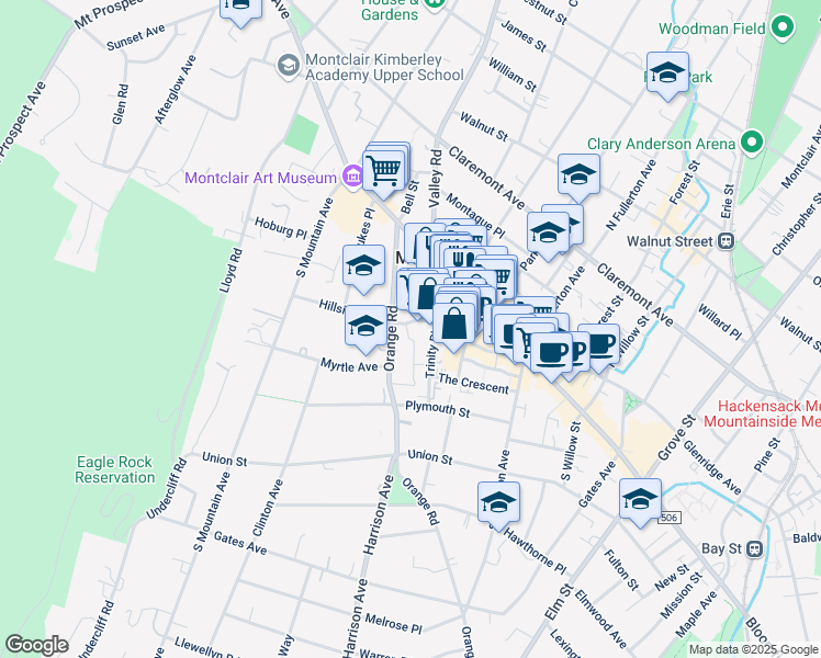 map of restaurants, bars, coffee shops, grocery stores, and more near 6 Valley Road in Montclair