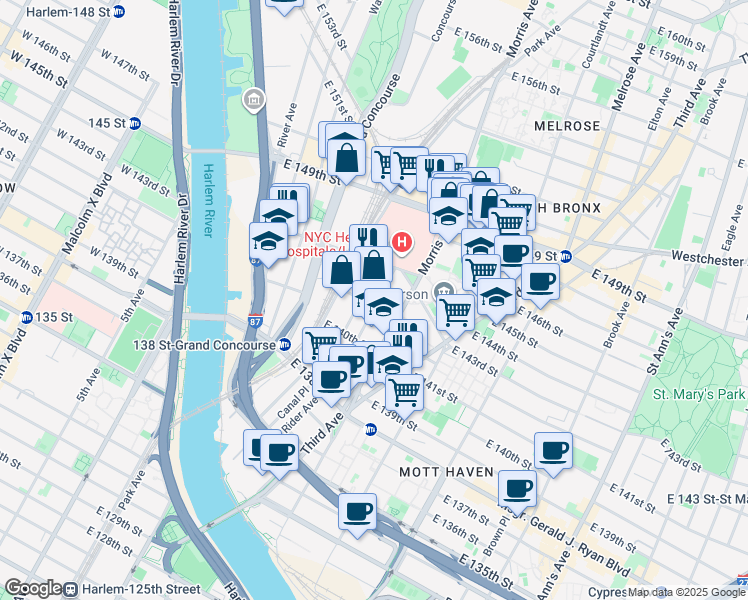 map of restaurants, bars, coffee shops, grocery stores, and more near 375 Rider Avenue in The Bronx
