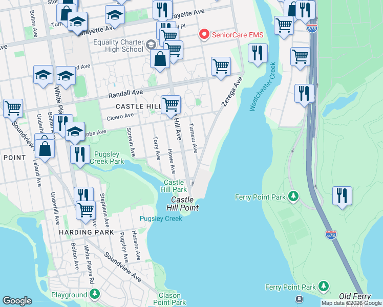 map of restaurants, bars, coffee shops, grocery stores, and more near 2205 Norton Avenue in Bronx