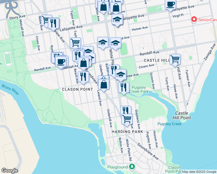 map of restaurants, bars, coffee shops, grocery stores, and more near 456 Underhill Avenue in Bronx