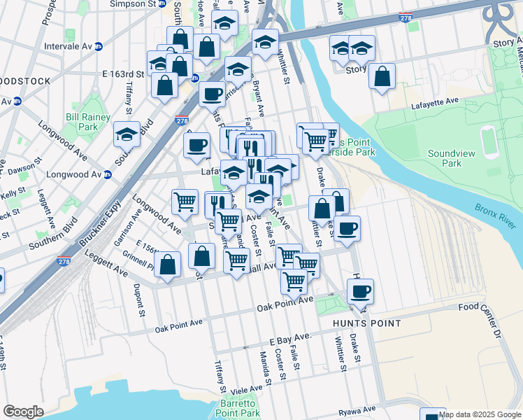 map of restaurants, bars, coffee shops, grocery stores, and more near 711 Faile Street in Bronx