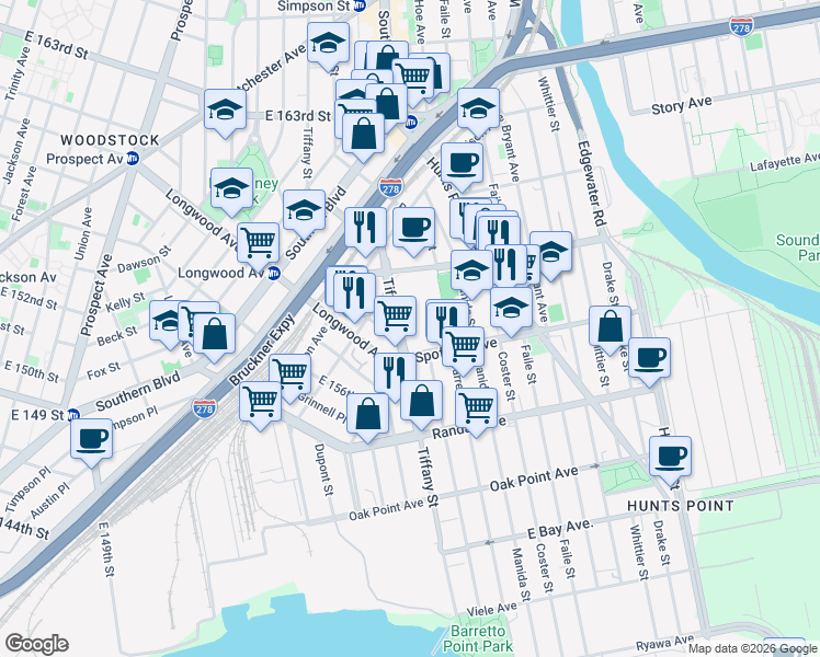 map of restaurants, bars, coffee shops, grocery stores, and more near 830 Barry Street in The Bronx