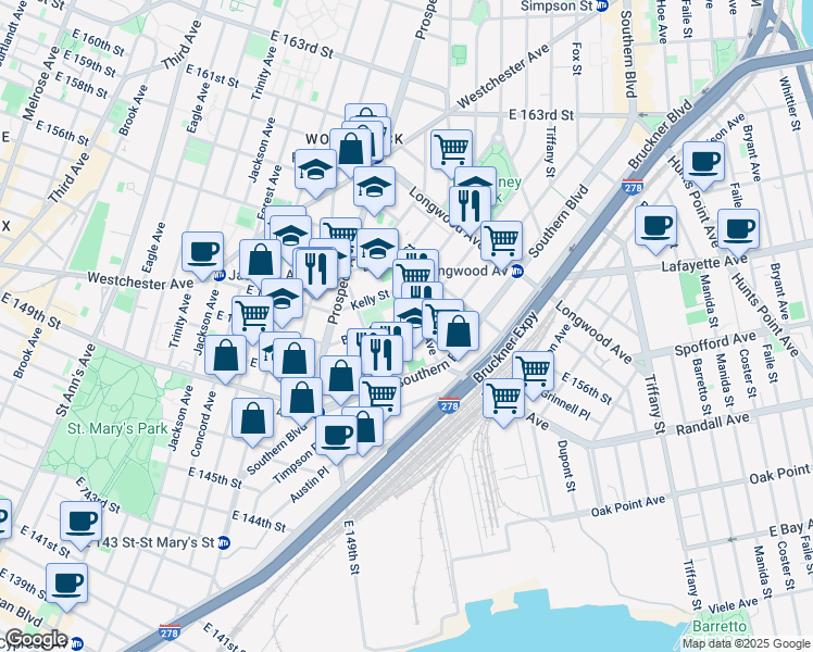 map of restaurants, bars, coffee shops, grocery stores, and more near in The Bronx