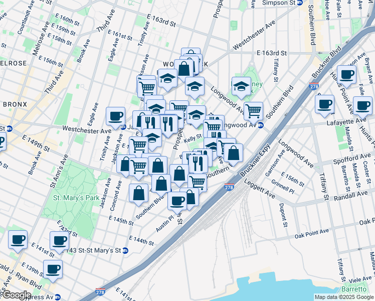 map of restaurants, bars, coffee shops, grocery stores, and more near in The Bronx