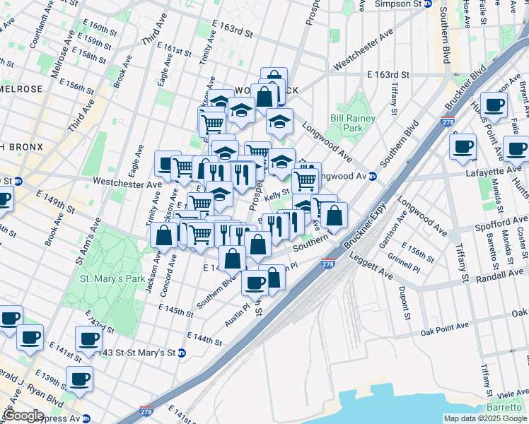 map of restaurants, bars, coffee shops, grocery stores, and more near 835b East 152nd Street in The Bronx