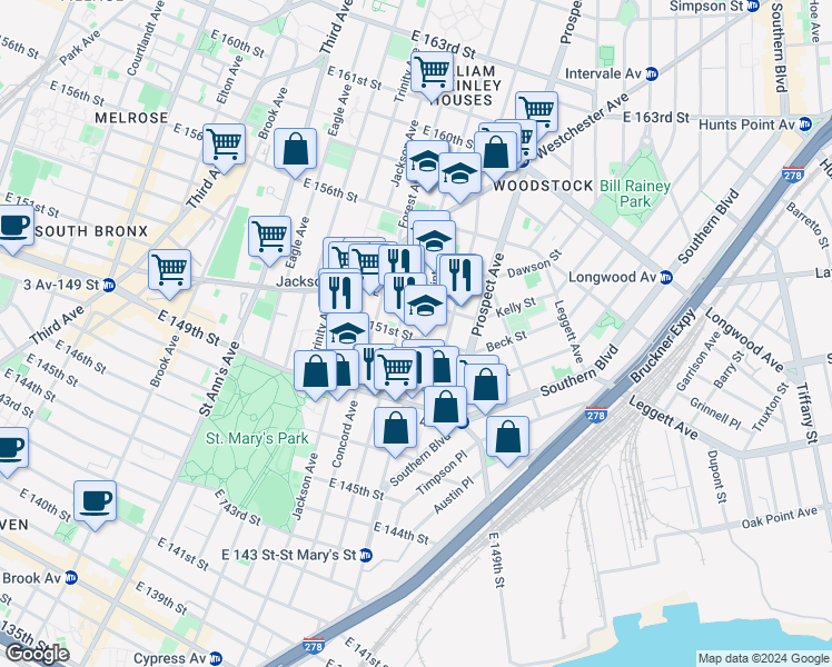 map of restaurants, bars, coffee shops, grocery stores, and more near in The Bronx