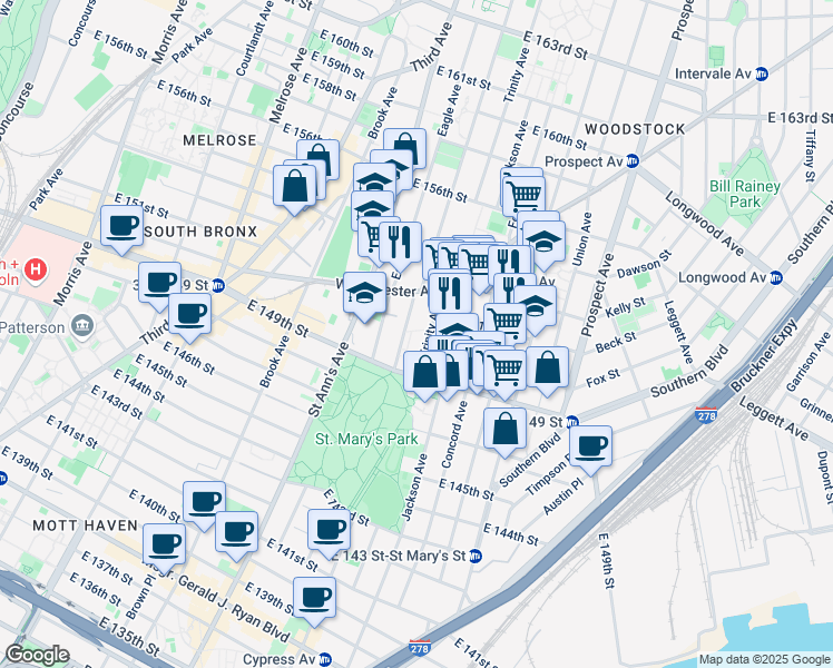 map of restaurants, bars, coffee shops, grocery stores, and more near 595 Trinity Avenue in The Bronx