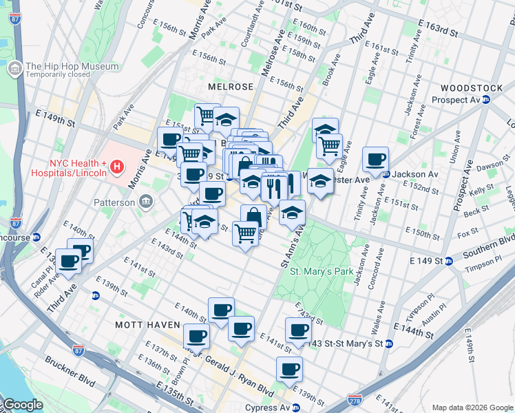 map of restaurants, bars, coffee shops, grocery stores, and more near 452 East 149th Street in Bronx