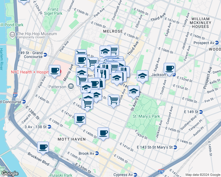 map of restaurants, bars, coffee shops, grocery stores, and more near 423 East 148th Street in The Bronx