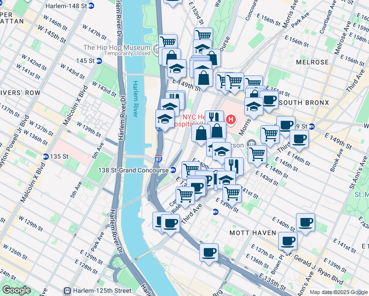 map of restaurants, bars, coffee shops, grocery stores, and more near 335 Grand Concourse in Bronx