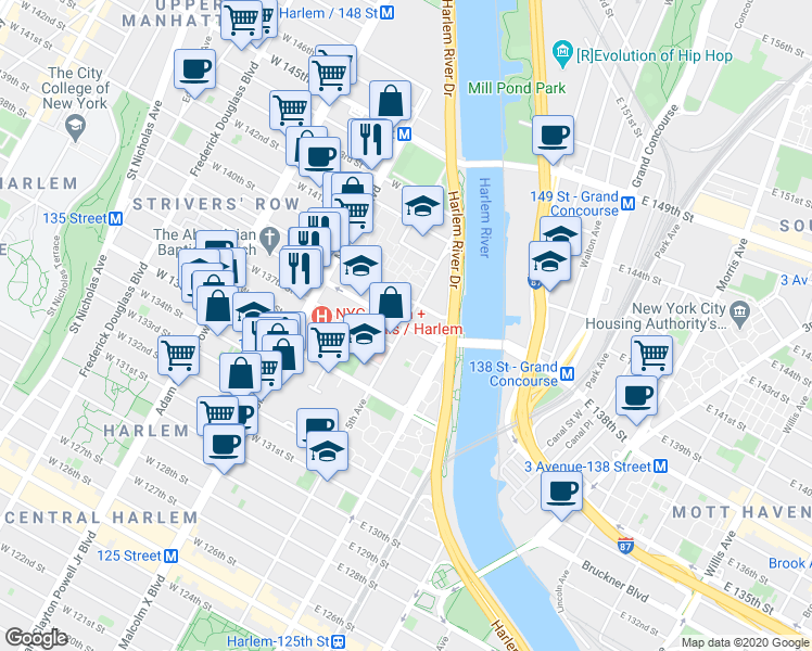 map of restaurants, bars, coffee shops, grocery stores, and more near 2252 5th Avenue in New York