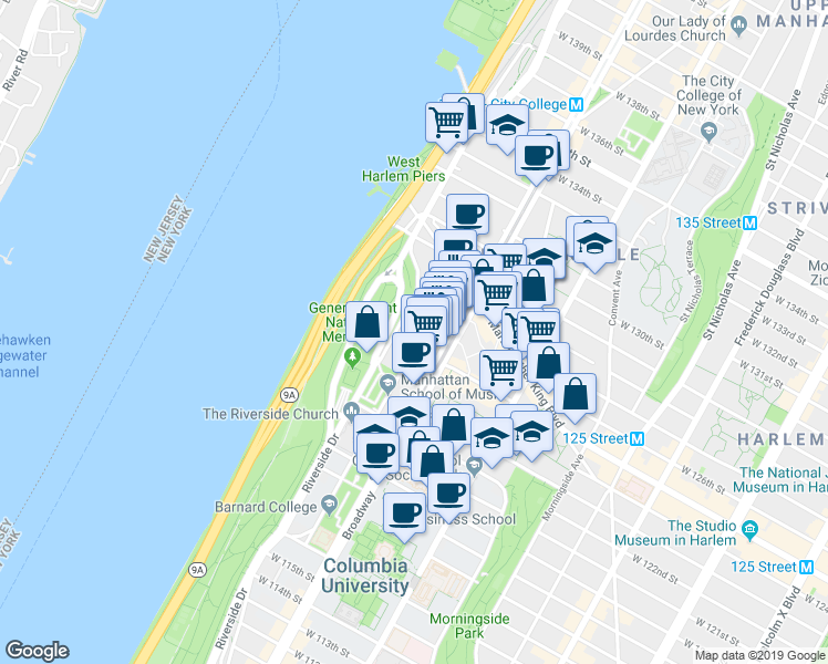 map of restaurants, bars, coffee shops, grocery stores, and more near 189 Claremont Avenue in New York