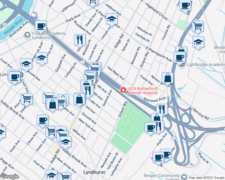 map of restaurants, bars, coffee shops, grocery stores, and more near 705 Rutherford Avenue in Rutherford
