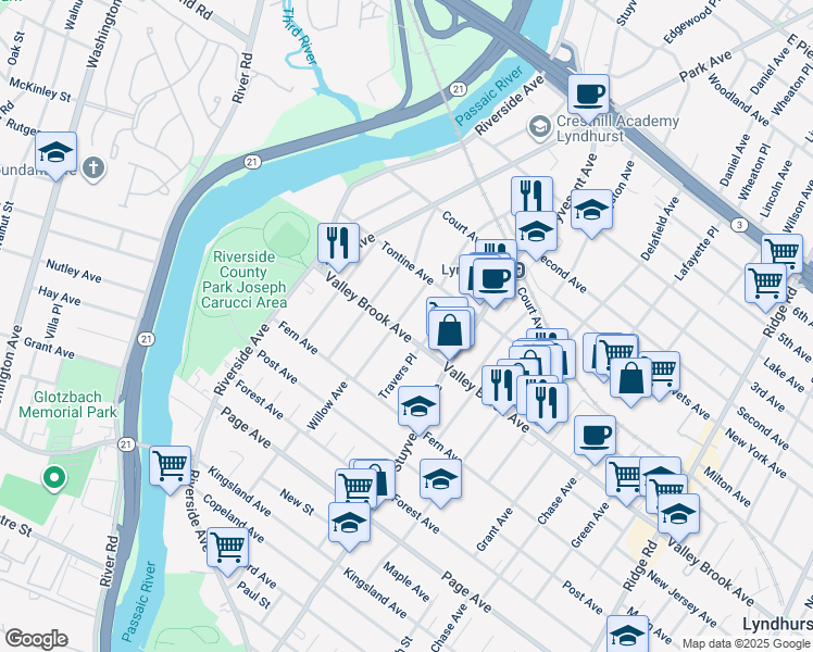 map of restaurants, bars, coffee shops, grocery stores, and more near 292 Willow Avenue in Lyndhurst