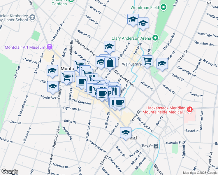 map of restaurants, bars, coffee shops, grocery stores, and more near 26 Forest Street in Montclair