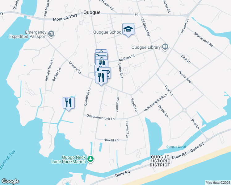 map of restaurants, bars, coffee shops, grocery stores, and more near 53 Quogue Street in Quogue