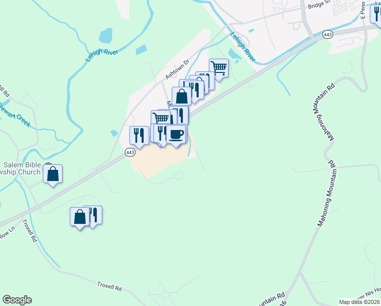 map of restaurants, bars, coffee shops, grocery stores, and more near 152 Mall Lane in Lehighton