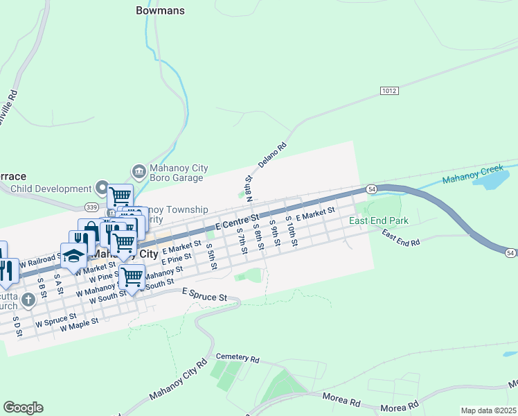 map of restaurants, bars, coffee shops, grocery stores, and more near 818 East Railroad Street in Mahanoy City