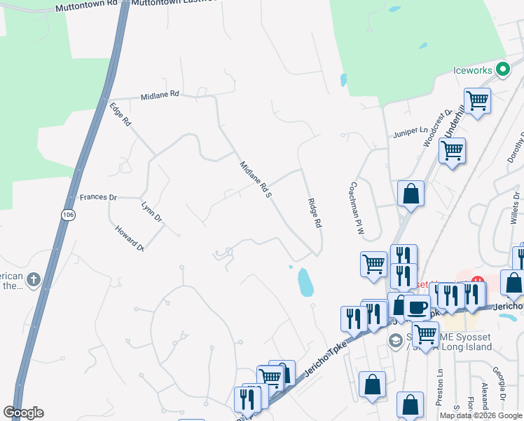 map of restaurants, bars, coffee shops, grocery stores, and more near 2003 Midlane Road South in Syosset