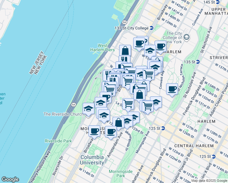 map of restaurants, bars, coffee shops, grocery stores, and more near 3155 Broadway in New York