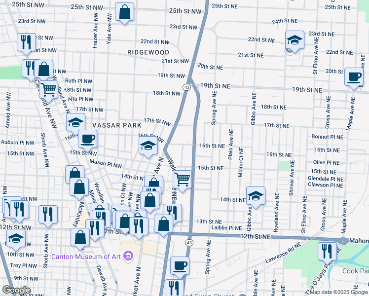 map of restaurants, bars, coffee shops, grocery stores, and more near 222 16th Street Northeast in Canton