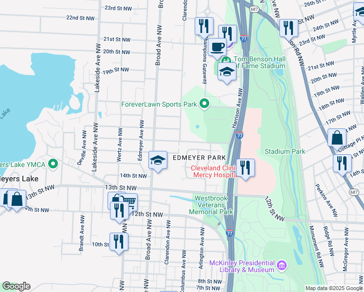 map of restaurants, bars, coffee shops, grocery stores, and more near 1508 Clarendon Avenue Northwest in Canton