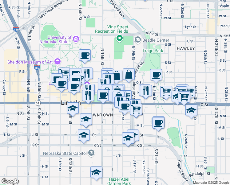 map of restaurants, bars, coffee shops, grocery stores, and more near 1720 P Street in Lincoln