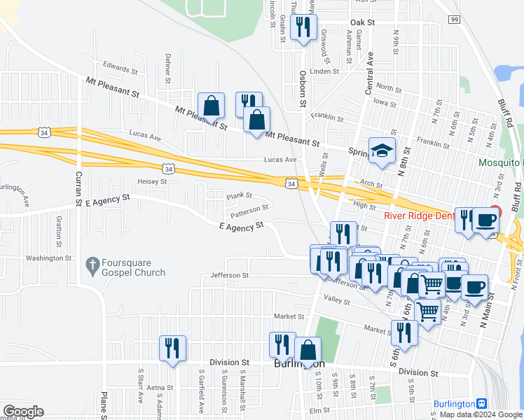 map of restaurants, bars, coffee shops, grocery stores, and more near 1209 Patterson Street in Burlington