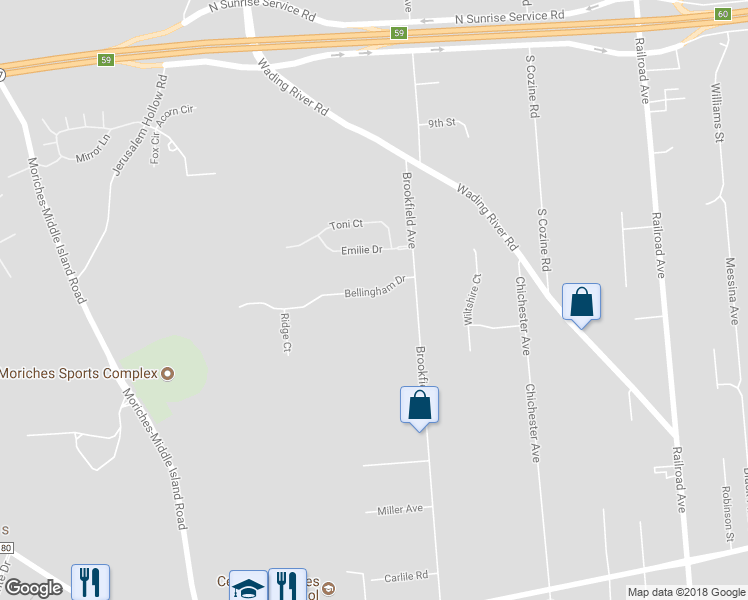 map of restaurants, bars, coffee shops, grocery stores, and more near 4 Bellingham Drive in Center Moriches