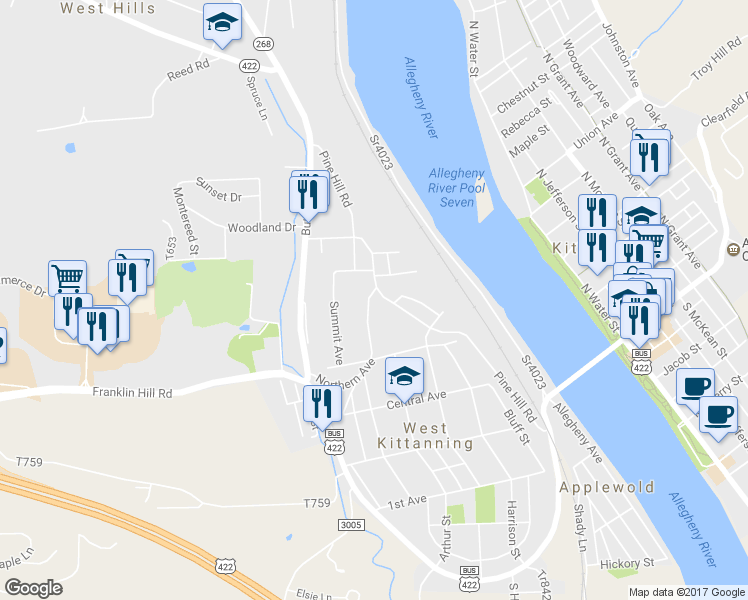 map of restaurants, bars, coffee shops, grocery stores, and more near 149 Pine Hill Rd in Kittanning