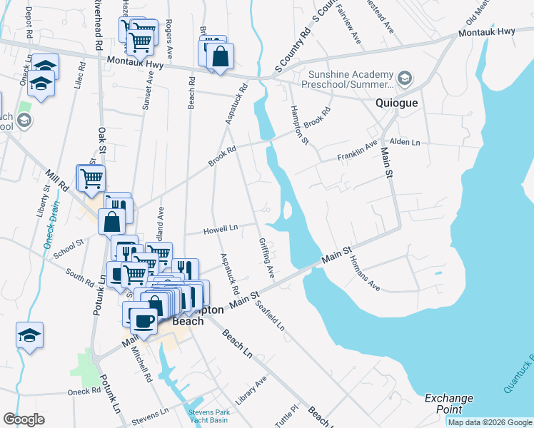 map of restaurants, bars, coffee shops, grocery stores, and more near 44 Griffing Avenue in Westhampton Beach