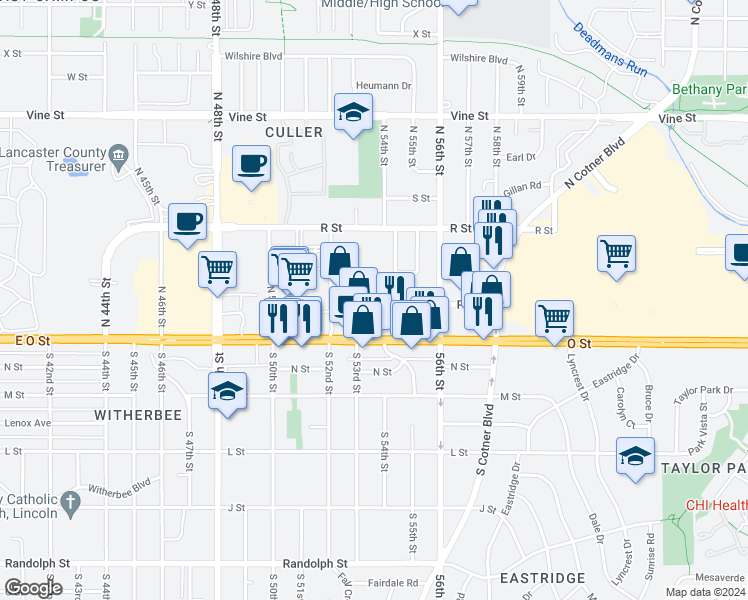 map of restaurants, bars, coffee shops, grocery stores, and more near 225 North 56th Street in Lincoln
