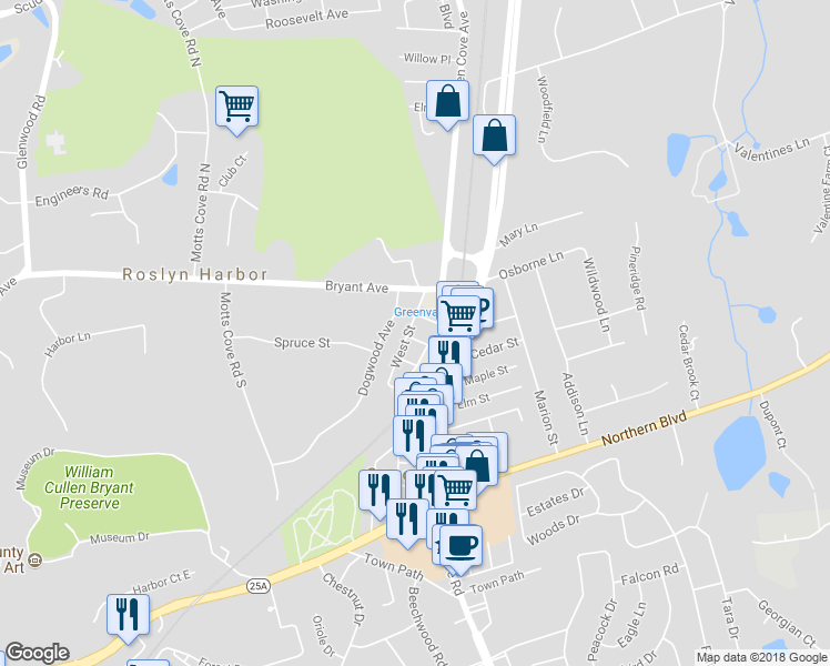 map of restaurants, bars, coffee shops, grocery stores, and more near 9 West Street in Greenvale