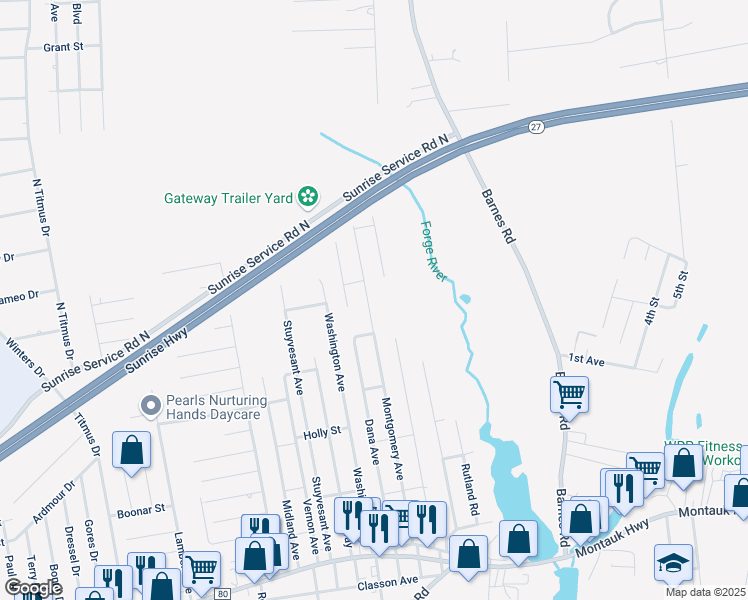 map of restaurants, bars, coffee shops, grocery stores, and more near 114 Montgomery Avenue in Mastic