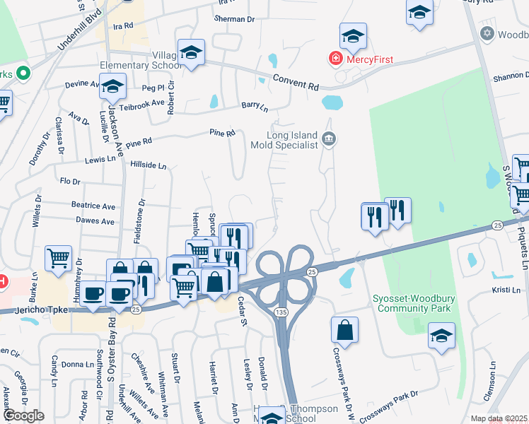 map of restaurants, bars, coffee shops, grocery stores, and more near 49 Hidden Ridge Drive in Syosset
