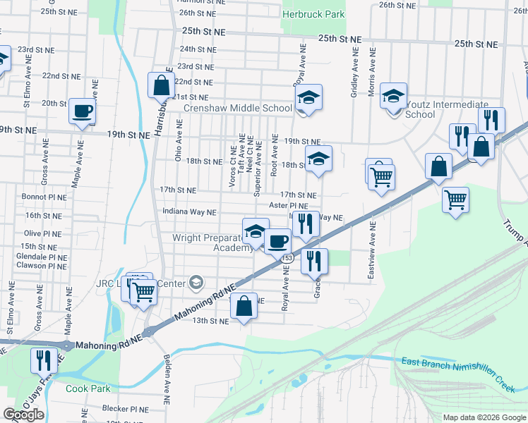 map of restaurants, bars, coffee shops, grocery stores, and more near 2431 Indiana Way Northeast in Canton